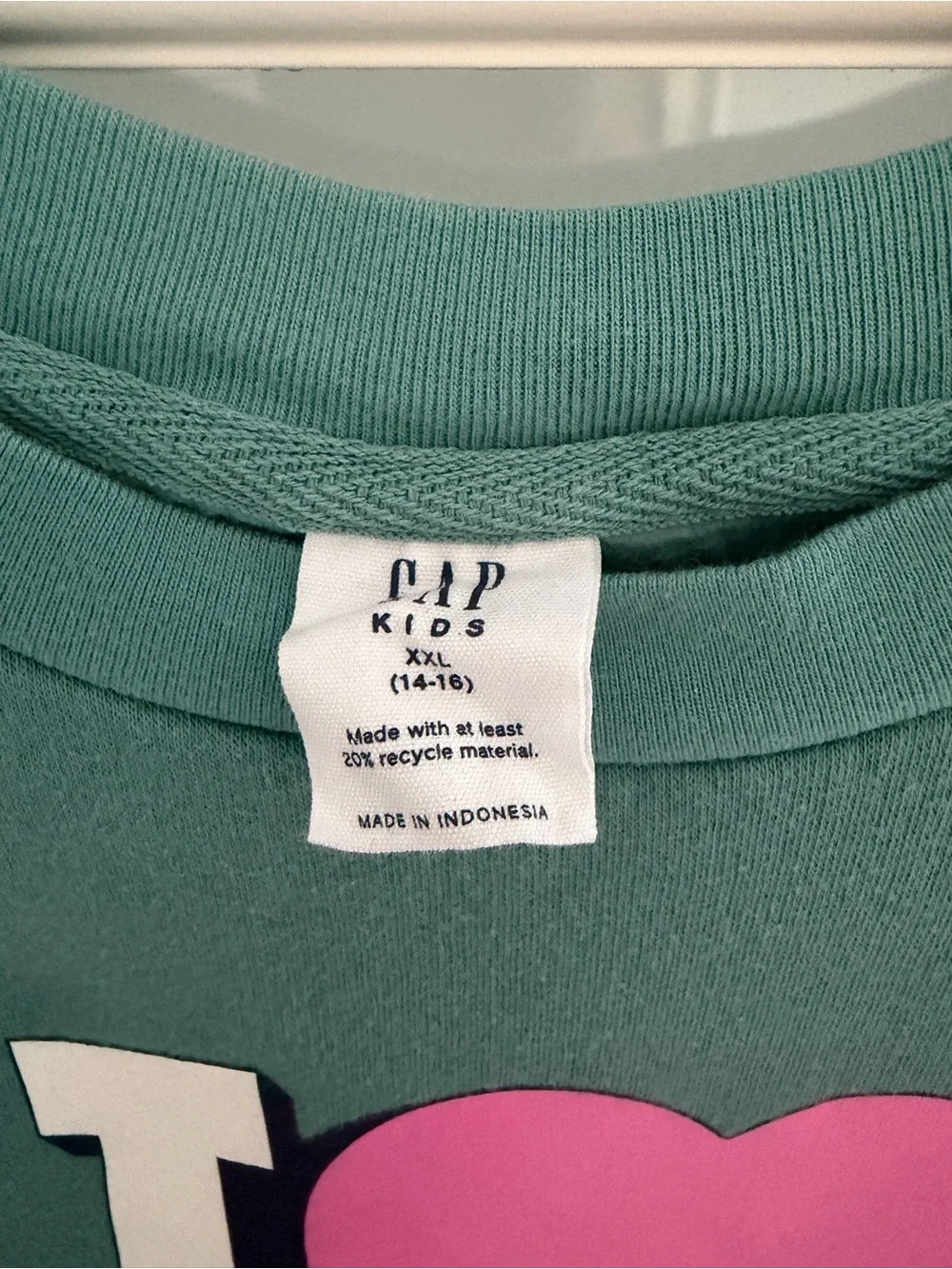 GAP Teal Crewneck Sweatshirt with Pink Heart 'I ♥ SPORTS' Graphic